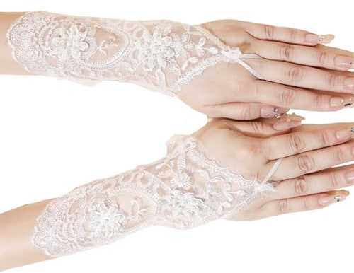 NTCLHFXU Zarte, mit Perlen verzierte Brauthandschuhe, atmungsaktive Spitze, fingerloses Design, formelles Hochzeitsaccessoire, Brauthandschuhe
