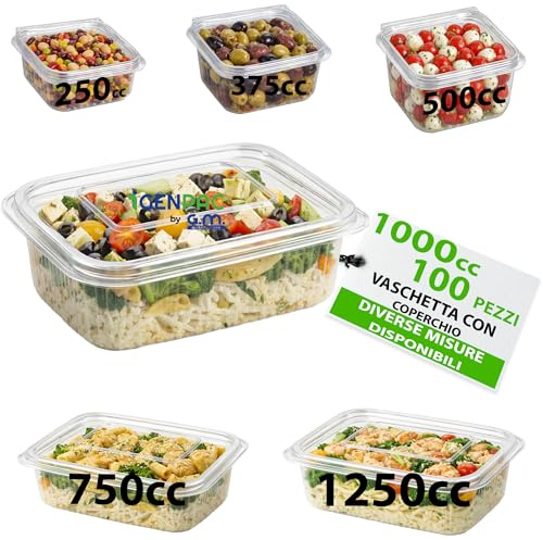 GM – 100 Vaschette Rettangolari Trasparenti 1000 cc in PET con Coperchio Unito, Contenitori Ermetici Idonei al Contatto Alimentare per Gastronomia, Asporto e Pranzo Ufficio – 17×10,5×6h cm