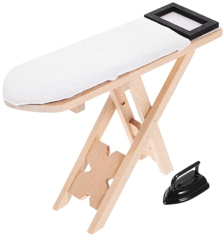 FUNNETOYU Mesa Miniatura para Casas de Muñecas, Kit de 2 Piezas Plancha Negra y Tabla para Planchar, Muebles de Hierro Simulados para Decoración, Juguete Infantil para Desarrollar