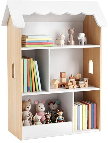 COSTWAY Bücherregal Kinder in Hausform, Spielzeugregal aus Holz mit 5 offenen Fächern, Kinderregal mit Kippschutz, Aufbewahrungsregal Montessori für Kinderzimmer & Spielzimmer, Weiß + Natur