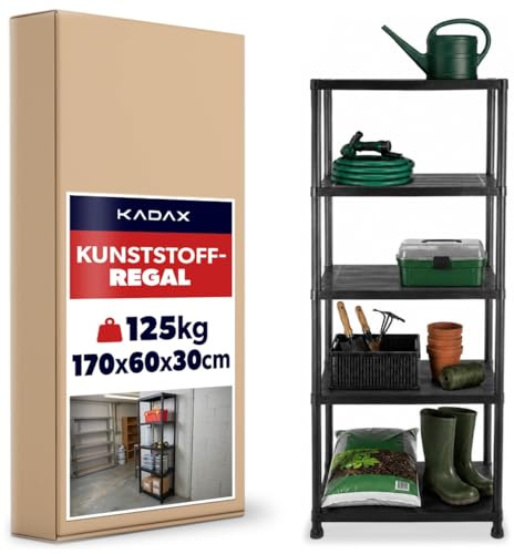 KADAX Kunststoffregal 170 x 60 x 30 cm, Steckregal aus Kunststoff, Schwerlastregal mit 5 Böden, Lagerregal für Keller, Garage & Werkstatt, Aufbewahrungsregal (Schwarz)