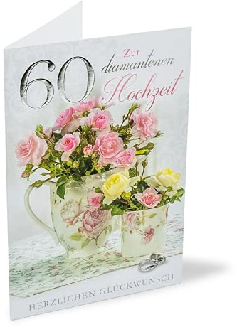 KE - Elegante Glückwunschkarte zur Diamanthochzeit Karte, 60 Jahre Jubiläum, Diamantene Hochzeit, Klappkarte mit Umschlag, DIN A6, Ohne Innentext, Folienverpackt - Motiv: Blumensträusse
