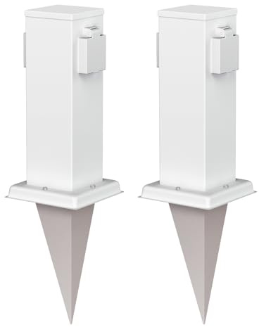 ledscom.de 2 columnas de enchufes para jardín «Polly» con estaca para el Suelo, para Exterior, IP44, Doble, Acero Inoxidable, cuadradas, Blancas, 27 cm