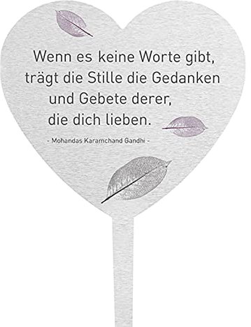 DOLORINO Grabstecker Herz 'Wenn es keine Worte gibt, trägt die Stille die Gedanken und Gebete derer, die dich lieben' | aus wetterfestem Edelstahl | würdevoller Grabschmuck | ca. 38x15cm