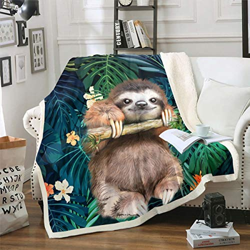 Cute Sloth Fleece Throw Blanket - Cartoon Animal Sherpa Plush for Couch, Bed, Sofa - Funny Lazy Sloth Tropical Leaves Floral Print Fuzzy Blanket - Nature Themed Room Decor - Double 60x79