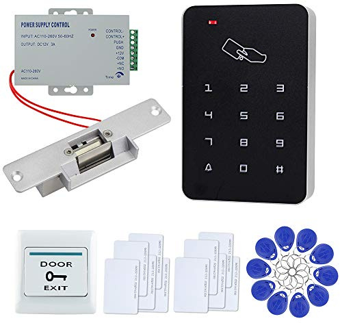 FTSTech RFID-Volltür-Zugangskontroll-Set mit 125 KHz eigenständiger Tastatur, elektrischem Schloss, Netzteil, Ausgangstaste, 10 Schlüsselanhänger und 10 weißen Karten (NC Elektroschloss-Kit)