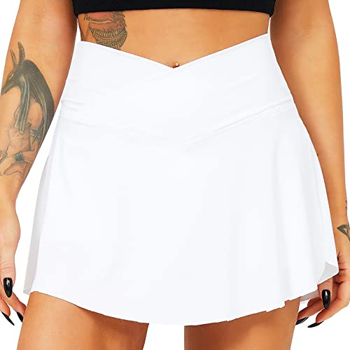 TZLDN Tennis Skort – dam sportkjol med shorts löpkjol minikjol tenniskjol byxkjol sommarkjol kjol kjol utomhus träning löpning, A02 vit – V-form+med fickor, M