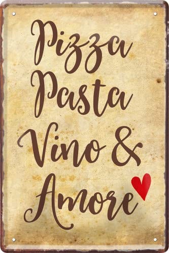 schilderkreis24 – Cartel de chapa con texto divertido Pizza Pasta Vino & Amore, decoración humor, placa para puerta, comida, placa de metal, para regalo de cumpleaños o Navidad, 20 x 30 cm