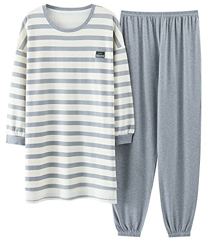 GMAYO Camicia da Notte,Pigiama a Maniche Lunghe Set Cotone Pigiameria Grandi Vestiti Oversize per la casa Stripe Casual Women