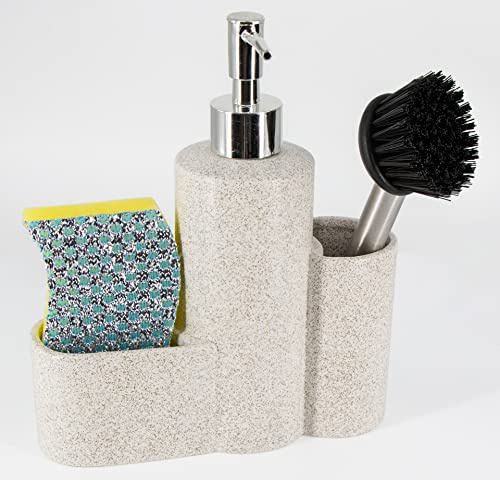 Spülmittelspender Küche Set aus Keramik Seifenspender 200 ml, inkludiert Schwamm und Bürste Küchen Organizer freihstehend weiß