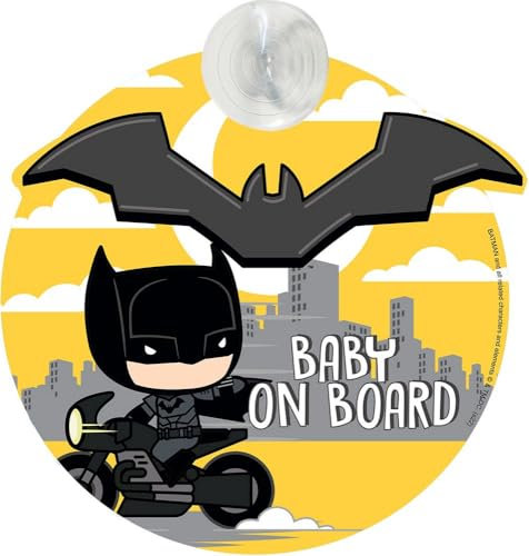 « Enfant à bord », panneau de sécurité automobile « Baby on board », dessin DC Comics représentant le super-héros Batman, avec ventouse