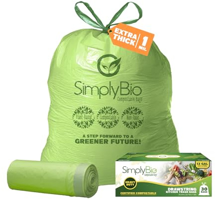 Simply Bio 13 Gallon Compostable Trash Bags Liners Drawstring, Heavy Duty Extra Thick 1 Mil, 49.21 Liter, 30 Bags, Tall Kitchen Food Scrap Waste Bag, ASTM D6400, US BPI and OK Compost Home Certified