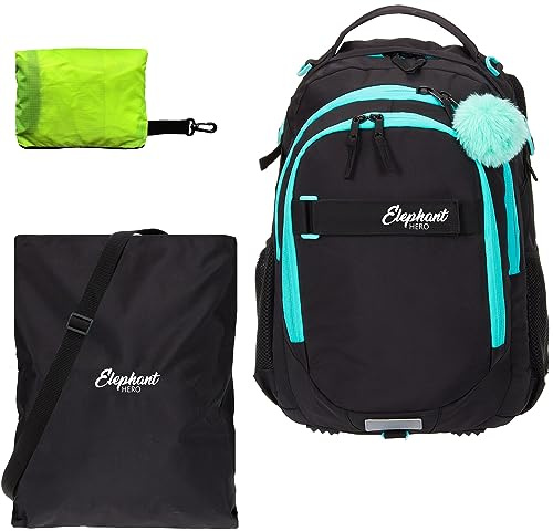 Elephant Schulrucksack Jungen Mädchen ab 3. Klasse Schule Tasche Brustgurt Schultasche Rucksack mit Sportbeutel Attach Bag und Regenhülle Premium 3 Teile Set Auswahl rtp (Tiff Black Türkis 13015)
