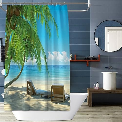 Homxi Duschvorhänge mit Ösen,240 W x 200 H cm,Duschvorhänge Blau Grün Landschaft am Meer Duschvorhang Polyester Duschvorhanghaken