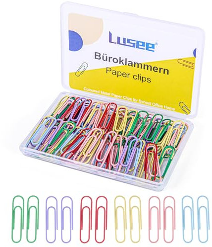 LUSEE 200 Stück Büroklammern Bunt, 28mm Briefklammern Büroklammer Brief Aktenklammern Paperclips Büroklammern Set (Metall, 6 Farben, Farbmischung)