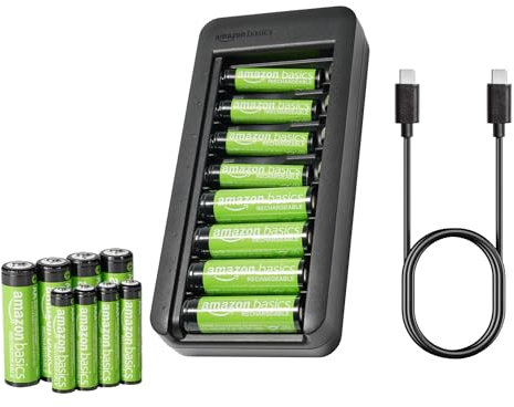 Amazon Basics Rechargeable NiMh AAA 800mAh 8 Pack + AA 2000mAh 8 Pack, with 8 Bay Battery Charger, No AC Power Adapter, USB C Port, 16 count in total, Black
