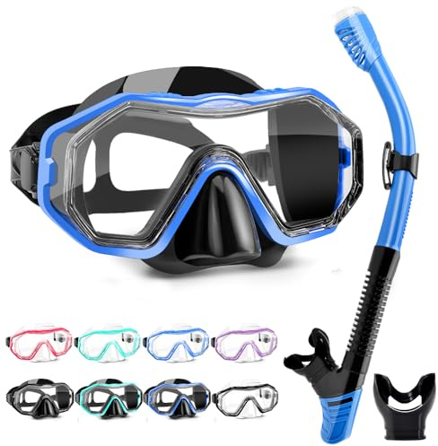 HINATAA Gafas de Buceo, 180° Antivaho Gafas de Snorkel y Antifugas Tubo de Esnórquel de Silicona, Anti UV Máscara de Buceo, Respiración Fácil Set de Snorkel para Adulto y Adolescentes (Negro Azul)