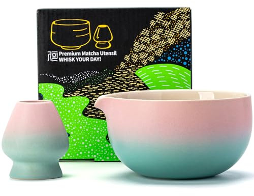 TEANAGOO Japanische Matcha-Schale K11 mit Schneebesenhalter,510ml Keramik-Chawan mit sanftem Rosa-Grün Farbverlauf