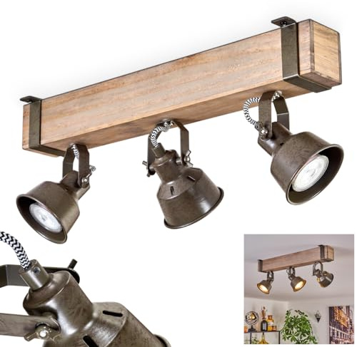 Deckenleuchte Pehefito, moderne Deckenlampe aus Metall/Holz in Grün-Grau/Natur, Deckenleuchte im Industrial Design mit verstellbaren Schirmen, 3-flammig, 3 x GU10 ohne Leuchtmittel