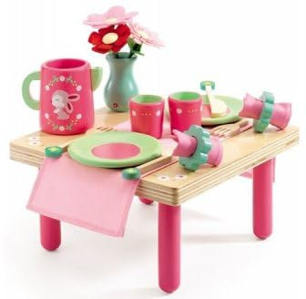Dinette en Bois Rose : Le déjeuner de Lili 22 x 22 x 12 cm (lxlxh) - Table - Assiettes - Set Jeu d'imitation Fille + 1 Carte