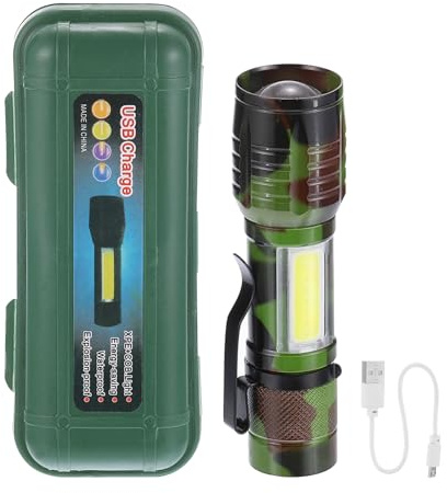 PATIKIL Linterna Led Escalable 3 Modos de Alta Luminosidad Linterna Led de Luz Blanca de Aluminio Recargable por USB para Senderismo Camping Camuflaje Verde