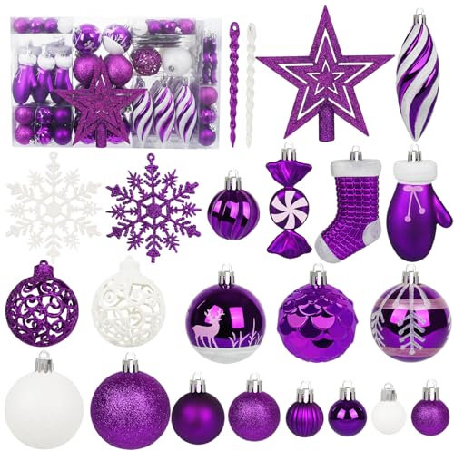 Miaikoe 135 pièces Boule de Noël Ornements Ensemble, Boule de Noël pré - attaché en Plastique incassable Arbre de Noël Pendentif Ornements Fête de Noël décoration de Vacances (Violet)