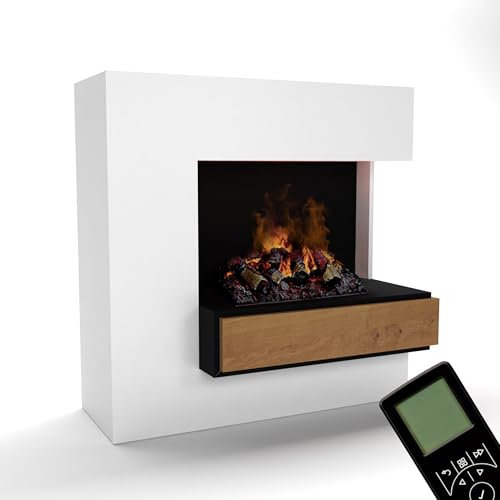 GLOW FIRE Wasserdampf Kamin PLANCK hoch rechts (Standkamin) - Elektrokamin mit realistischen LED 3D-Flammen, Knistereffekt & Fernbedienung, 111x110 cm - Opti-Myst 500 Elektro Kamin mit Holz-Deko, Weiß