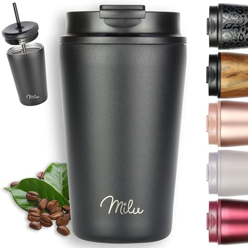 Milu Thermobecher 400ml - 100% Auslaufsicher - Edelstahl Kaffeebecher to go isoliert mit Strohhalm hält 10h heiß / 20h kalt, BPA-frei (Schwarz, 400ml)