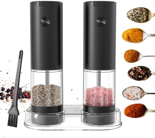 Irishom Electric Salt and Pepper Grinder Set with Storage Base Refillable Spice Grinder Battery Operated 5 Levels Adjustable Pepper Mill with Cleaning Brush for Sea Salt Coarse Salt Rosemary Cumin
