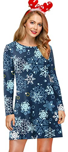 For G and PL Damen Weihnachten Ugly Weihnachtskleid Xmas Kleid Print Partykleid Drucken Schneeflocken Blau XL