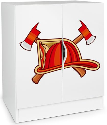 Leomark Moderner Kleiderschrank Roma - Weißer Schrank für Kinderzimmer, höhenverstellbare Einlegeböden, 60 x 42 x 78 cm (H) | UV-Druck: Feuerwehrhelm