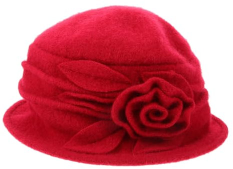 LIFKOME Damen Cloche Hut Aus Vintage Eleganter Glockenhut Für Winterpartys Bequeme Und Warme Kopfbedeckung Bordeauxrot Dekorative Blütenapplikation Für Stilvolle Akzente