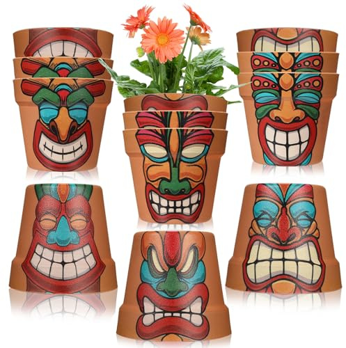 Ziliny Tiki-Totem-Kunststoff-Pflanztöpfe, 14 cm, kleine Terrakotta-Blumentöpfe mit Ablauflöchern für hawaiianische Cocktails, tropische Party-Dekoration, Innen- und Außenbereich, für Sukkulenten,