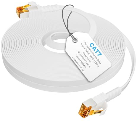 Mygatti 30 Metri Cat7 Cavo Ethernet piatto-bianco,esterno Utilizzo di una sepoltura diretta impermeabile,cavo Internet alta velocità 10Gbps 600Mhz,POE,per router,switch,modem,con 25 clip per cavi
