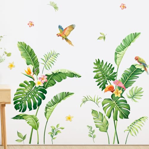 Supzone Wandtattoo Tropische Blätter Wandsticker Pflanzen Grüne Palme Monstera Vögel Wandaufkleber für Wohnzimmer Schlafzimmer Sofa TV Hintergrund Wanddeko