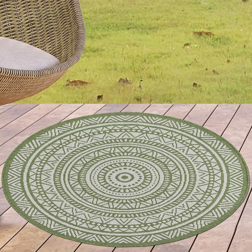 CARPETIA utomhusmatta, rund, mandala, grön beige, väderbeständig, Ø 120 cm | Lättskött, väderbeständig, robust och hållbar, OEKO-TEX-testad, rund mandala-design för terrass, vardagsrum och matplats