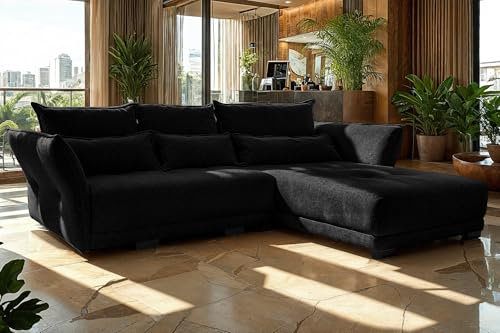COMFORTE Deluxe L Ecksofa mit Schlaffunktion und Bettkasten, universell montierbar, 250 x 187 x 95 cm, Rosario-Stoff (Schwarz)