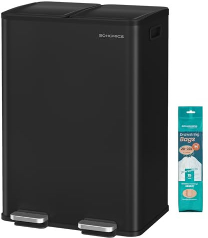 SONGMICS Cestino da Cucina, 2 x 30 L, 2 Scomparti, Pattumiera a Pedale con Coperchio a Chiusura Morbida e Secchio Interno, Acciaio, 15 Sacchi Inclusi, Nero Inchiostro LTB741B02
