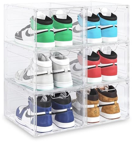 Blue Canyon Stackable Shoe Box, Interlocking Design, Plastic Shoe Storage, Magnetic Door Closure, Includes 6 Boxes, Stackable Storage Boxes, Under the Bed Shoe Storage, Ventilated Design, Clear, Large