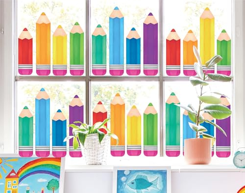 Whaline 9 Sheet Colorful Pencil Window Clings Back to School Rainbow Color Pencil Reusable Window Decals for First Day of School Home Nursery Classroom Decor