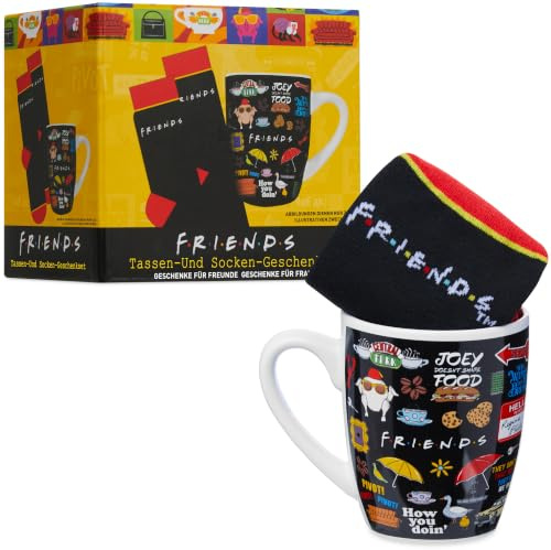 Get Trend Friends Taza Ceramica & Calcetines Mujer Chica, EU 35-41, Taza Cafe Te 315ml Calcetines Divertidos, Set Regalo Adultos Adolescentes (Negro AOP Friends)