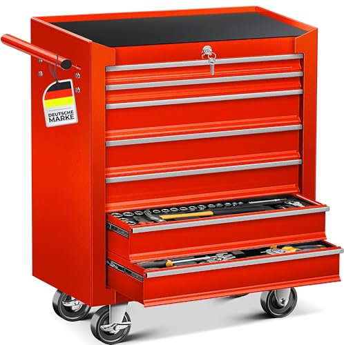 MASKO® carro de taller – 7 cajones, color rojo, cerradura, metal macizo, móvil sin herramientas, profesional para almacenamiento de herramientas