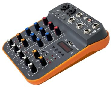Mesa Mezclas DJ, Mezclador de Audio de 4 Canales, Mezclador de Consola DJ con Reverberación Bluetooth 5.0 48V Phantom Power