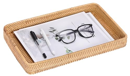 BTSKY Multipurpose A4 File Tray Rattan Desk Tray Organizer Woven Letter Size Desk Documents Trays Magazine Files Storage Basket Organizer Bin for Office Cosmetics Bathroom