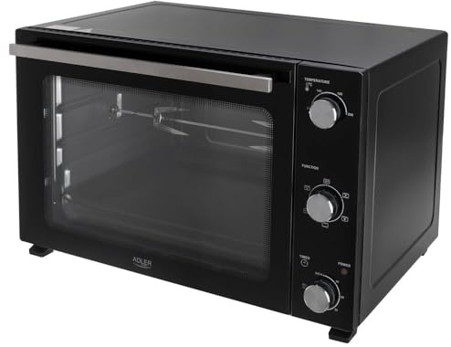 ADLER EUROPE AD 6028 Elektrobackofen 60 Liter, Mini-Backofen mit Umluft, Drehspieß, Timer, 5 Heizmodi, 2000W, Doppelglastür, Backblech und Grillrost, Schwarz