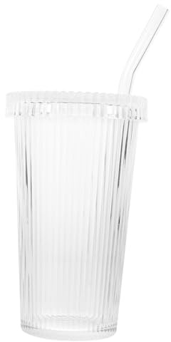 MAGICLULU Verre à Boire Design Simple et Délicat Capacité 300-500ml avec Paille et Couvercle, Motif Rayures Verticales pour Thé Lait la Maison Bureau