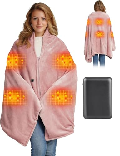 Moteoza Coperta Riscaldante Elettrica Senza Fili 160x90 cm, con Batteria 10000 mAh, 6 Zone di Riscaldamento, 3 Livelli di Temperatura, Plaid Termico USB per Casa, Ufficio, Auto, Campeggio(Rosa)