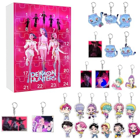 Partymall K Pop Demon Calendario de Adviento 2025 con 24 Llaveros Acrílicos Rumi Mira Zoey Calendario Adviento Niños Regalos Decoración Halloween Navidad (A02)