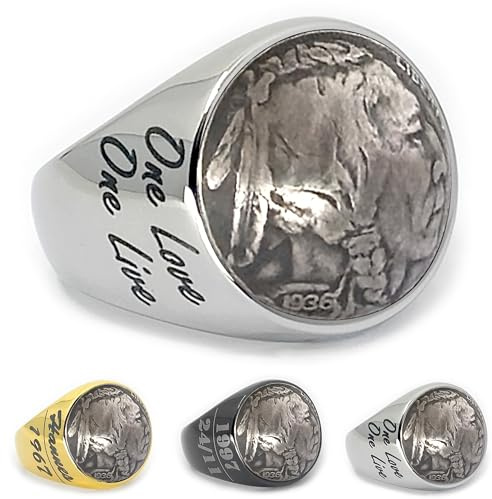 Generisch Siegelring Münzring USA 5 Cent Buffalo Nickel 1913-1938 Native Americans Edelstahl in Schwarz, Gold und Silber mit Schmuckbeutel Personalisierbar Herren Ring Original Münze