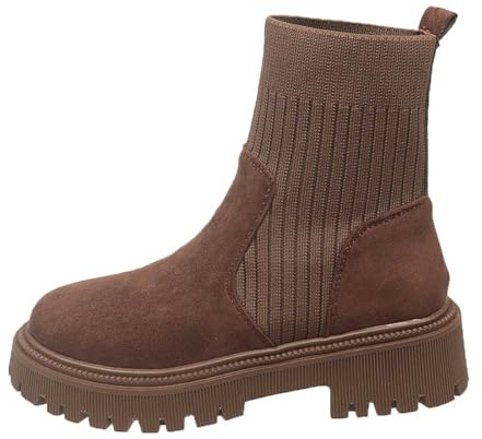 Bottines tendance pour femme - En daim - Couleur unie - Légèrement doublées avec talon bloc - Tige courte - En tricot, marron, 38 EU